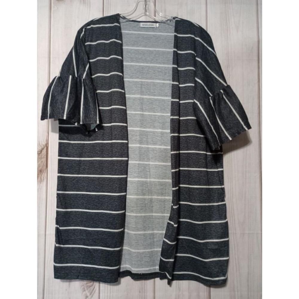 MissLook Kimono Ladies Large Striped Bell Sleeve Gray White